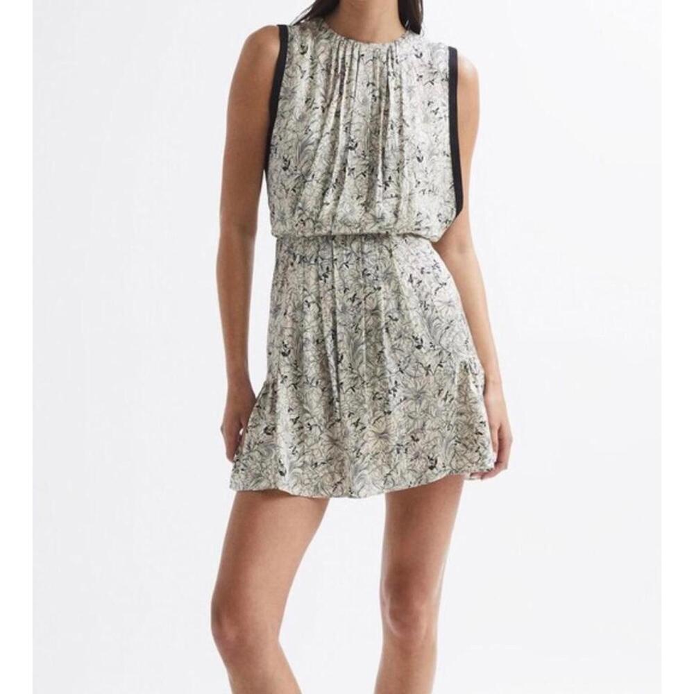 Reiss Cream Floral Mini Dress with Black Trim